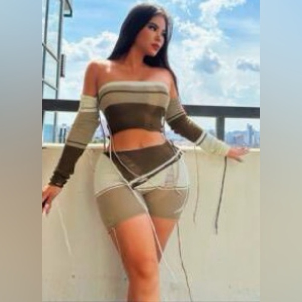 Brown and Cream Knit Two-Piece shirt and skirt